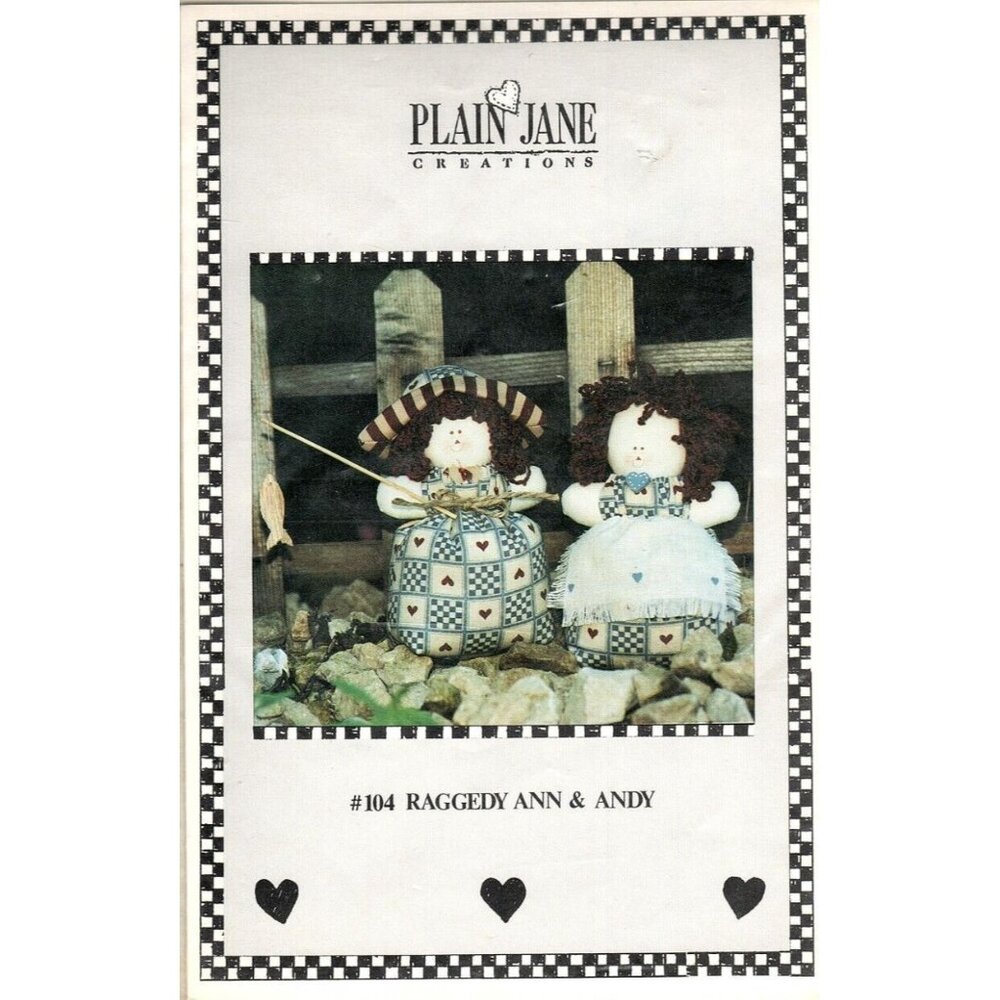 Plain Jane Creations 6 Inch Raggedy Ann and Andy Doll Full Size Pattern 1991